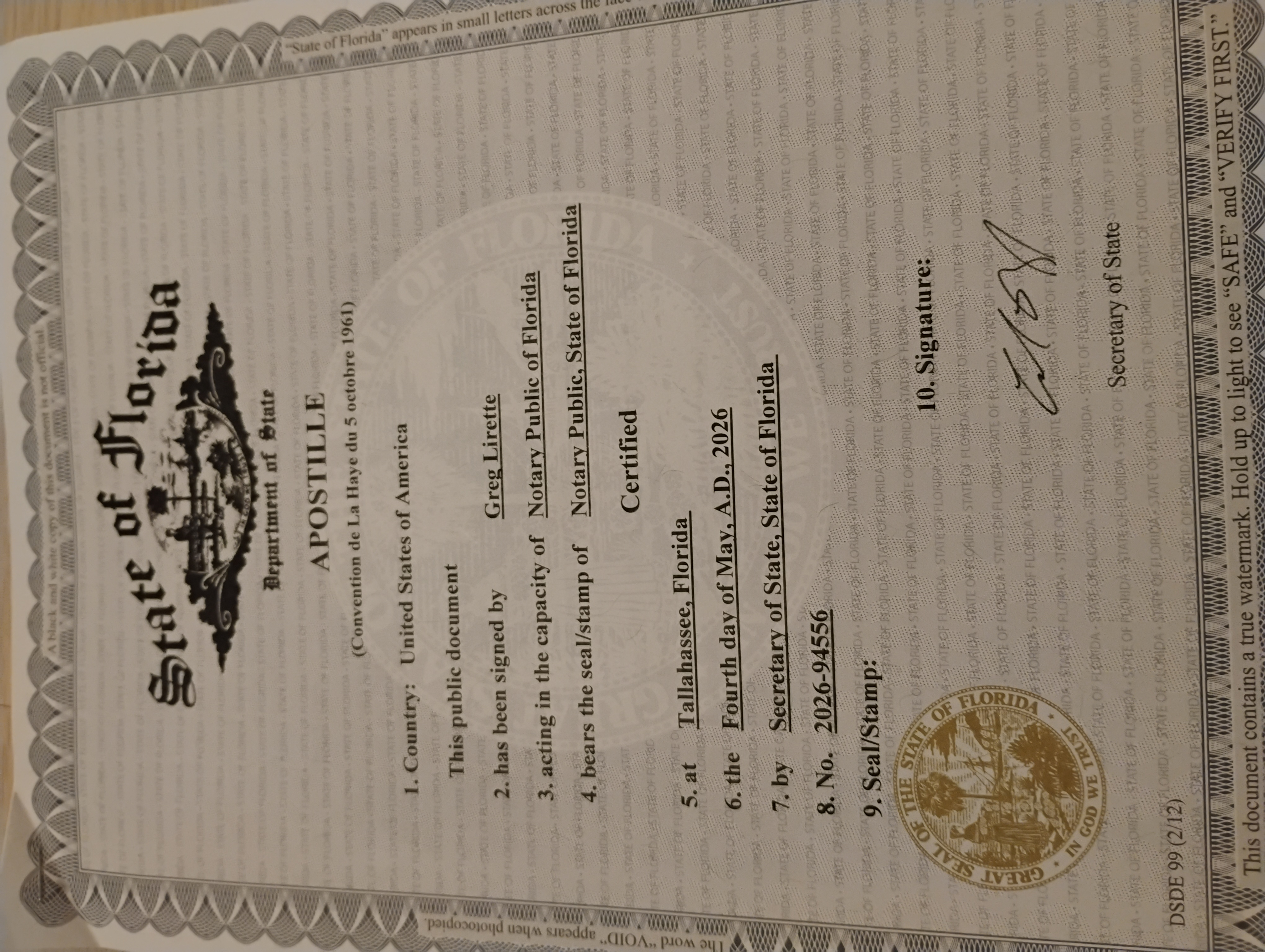 Example Florida apostille issued by the Florida Department of State.