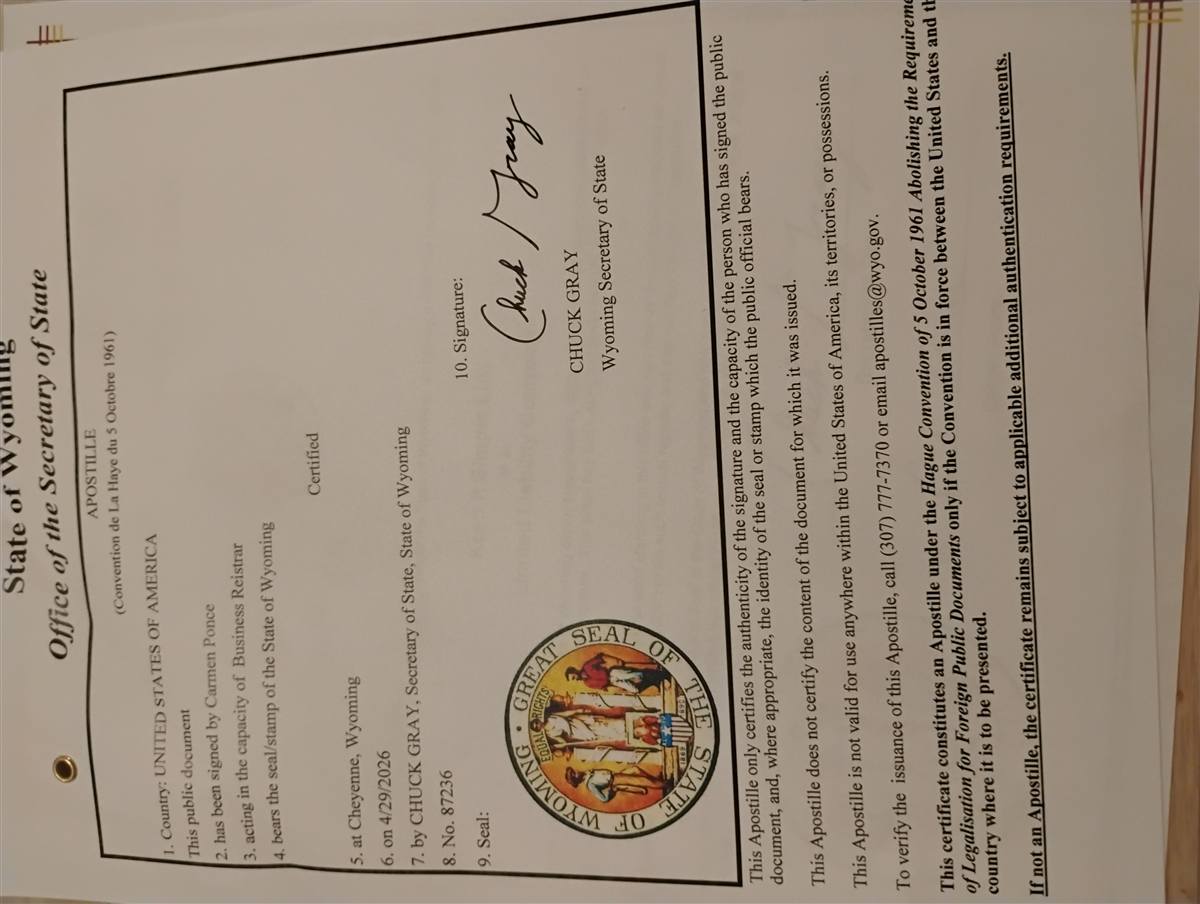 Example Wyoming apostille issued by the Wyoming Secretary of State.