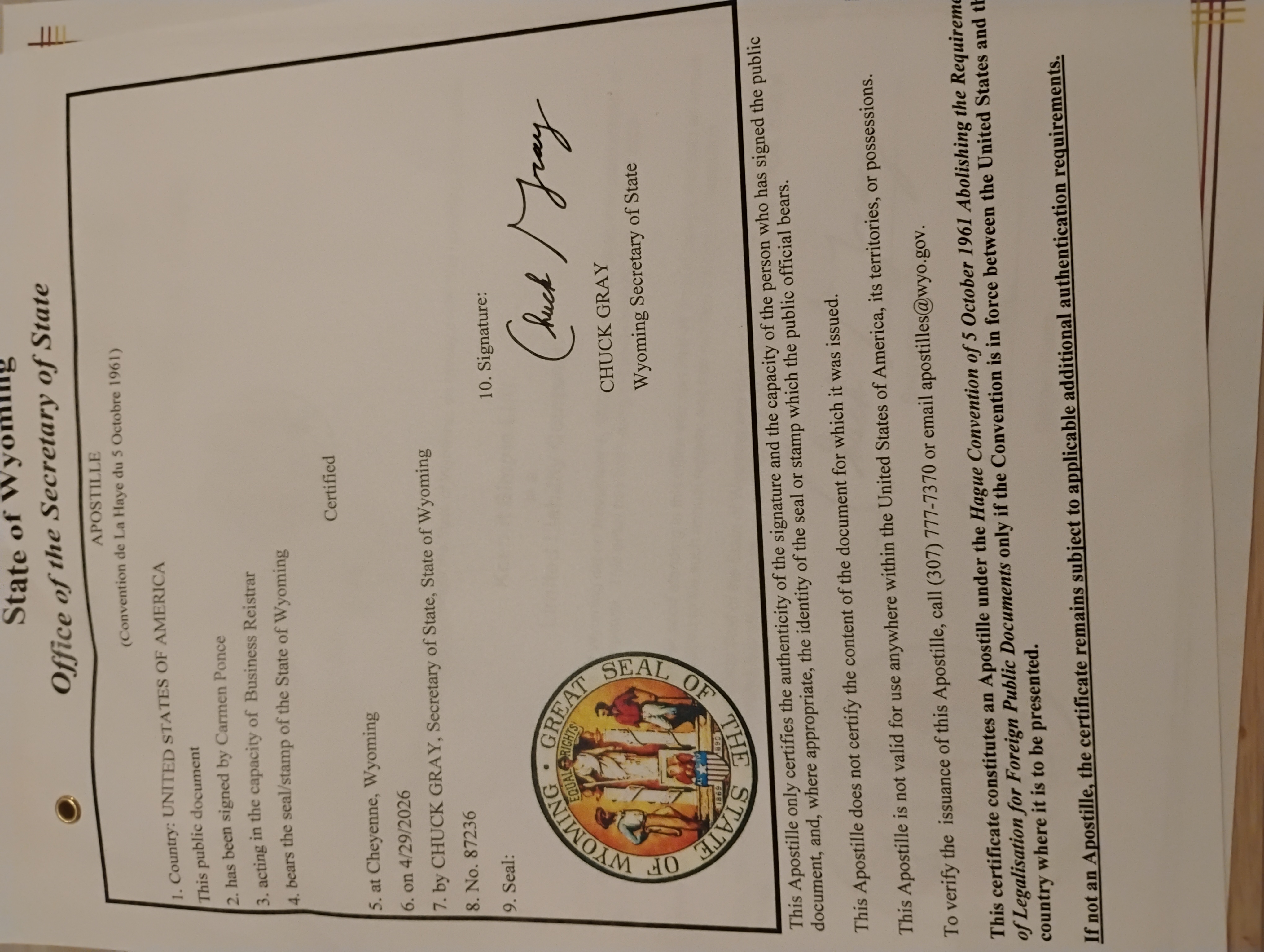 Example Wyoming apostille issued by the Wyoming Secretary of State.